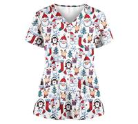 Christmas Scrubs Tops Nurse Funny Xmas Santa Claus Print Tunic Tops Short Sleeve Uniform Top V Neck Dressy Shirt Practical Caregiver Workwear with Pockets Christmas Tunics for Nurses