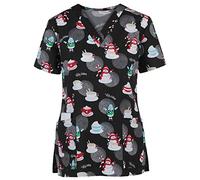 Christmas Scrubs Tops Nurse Uniforms Beauty Tunic Dog Grooming Cat Grooming Xmas Costume Cute Elk Printed V Neck Spa Nail Salons Women's Christmas Scrubs Beauty Salon Christmas Work Tops (Black, S)