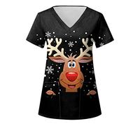Christmas Scrubs Tops Nurse Uniforms Beauty Tunic Dog Grooming Cat Grooming Xmas Costume Cute Elk Printed V Neck Spa Nail Salons Women's Christmas Scrubs Beauty Salon Christmas Work Tops (Black, S)