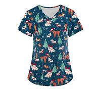 Christmas Scrubs Uniforms for Women V Neck Short Sleeve Uniform Trendy Lightweight Nursing Tops Comfy Work Slim Fit Dog Grooming Tops Holiday Healthcare Work Shirt UK