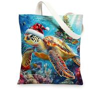 Christmas Sea Turtle Canvas Tote Bag for Shopping 13 * 15, Cute Underwater Xmas Tree Reusable Grocery Bag for Women, Nautical Travel Pattern Gift Decoration