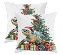 Christmas Sea Turtle Pillow Cases Kit of 2, Soft Xmas Tree Gifts Box Printing Throw Pillow Covers 16x16 Set, Sealife Velvet Home Decor for Couch Living Room Bed