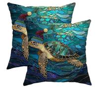 Christmas Sea Turtle Pillow Covers 16x16 Set of 2, Comfy Novelty Underwater Xmas Printing Velvet Pillow Cases Kit with Zipper, Nautical Pattern Decor Sofa Living Room