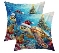 Christmas Sea Turtle Throw Pillow Covers 14x14 Set of 2, Soft Comfy Cute Underwater Xmas Tree Pillow Cases Kit, Nautical Pattern Velvet Decorative Couch Sofa Living Room