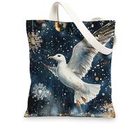 Christmas Seagull Bird Canvas Tote Bag for Shopping 13 * 15, Luxury Snowflakes Balls Reusable Grocery Bag for Women, Xmas Work Travel Painting Gift Decor