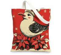 Christmas Seagull Bird Canvas Tote Bag for Shopping 13 * 15, Vintage Xmas Poinsettia Reusable Grocery Bag for Women, Winter Travel Painting Gift Decoration