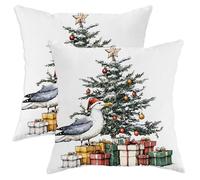Christmas Seagull Bird Pillow Cases Kit of 2, Soft Xmas Tree Gifts Box Printing Throw Pillow Covers 12x12 Set, Winter Velvet Home Decor for Couch Living Room Bed