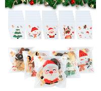 Christmas Self Adhesive Cookie Bags, 100PCS Christmas Cellophane Bags, Clear Treat Bags Christmas Bags for Presents, Xmas Print Plastic Sweet Bags Candy Bags for Party Supplies Decoration