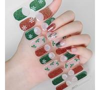 Christmas Semi-Cured Gel Nail Strips, 20PCS Christmas Green Red French Glitter Gel Nail Wraps, Waterproof & Long Lasting Finish Gel Nails Stickers - UV/LED Nails Art Design Decoration Accessories