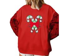 Christmas Sequin Sweatshirts for Women Glitter Patch Crewneck Long Sleeve Santa Graphic Sparkly Holiday Pullover Top (Christmas Candy Cane Red, 2XL)