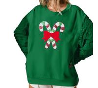 Christmas Sequin Sweatshirts for Women Glitter Patch Crewneck Long Sleeve Santa Graphic Sparkly Holiday Pullover Top (Christmas Candy Cane Green, S)