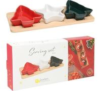 Christmas Serving Set | 3 Ceramic Snack Bowls with Wooden Paddle Tray | Festive Tapas and Condiment Serving Dish