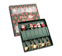 Christmas Serving Sets, 6-Piece Stainless Steel Dessert Spoon Fork Christmas Utensils, for Home, Holiday, Ice Cream, Dinner, Fruit, Tea, Cake