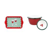 Christmas Serving Tray 24cm & Cranberry Enamel Bowl Bundle