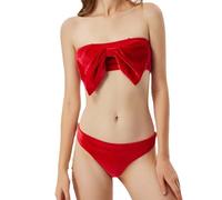 Christmas Sexy Outfit Women-Plus Size Costumes For Women-Elegant Solid Color Velvet Red Bow Bandeau Christmas Two Piece Set For Women
