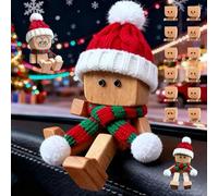 Christmas Shaking Wooden Man,Handmade Shaking Feet Wooden Man Figurine with Santa Hat and Scarf,Funny Wood Figure That Sways with 12PCS Magnetic Expressions,Car Dashboard Desktop Decor