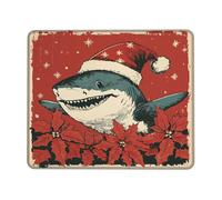 Christmas Shark Design Mouse Pad, Red Holiday Poinsettia Stitched Edge Mousepad, Rubber Non-Slip Washable Gaming Mouse Pad for Home and Office Computer, Laptop Square 8x10 Inch