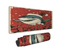 Christmas Shark Large Gaming Mouse Pad, Red Holiday Poinsettia Stitched Edge Mousepad, Rubber Non-Slip Washable Mouse Pad for Home Office 12x32 Inch