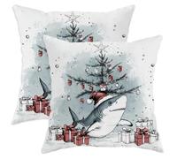 Christmas Shark Pillow Cases Kit of 2, Soft Xmas Tree Gifts Box Printing Throw Pillow Covers 20x20 Set, Sealife Velvet Home Decor for Couch Living Room Bed