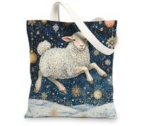 Christmas Sheep Canvas Tote Bag for Shopping 13 * 15, Luxury Snowflakes Reusable Grocery Bag for Women, Animal Travel Pattern Gift Decoration
