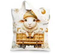 Christmas Sheep Canvas Tote Bag for Shopping 13 * 15, Luxury Xmas Truck Reusable Grocery Shoulder Cloth Bag for Women, Animal Painting Gift Decoration
