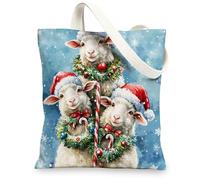 Christmas Sheep Canvas Tote Bag for Shopping 13 * 15, Xmas Fun Watercolor Reusable Grocery Bag for Women, Animal Travel Painting Gift Decoration