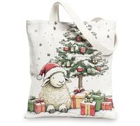 Christmas Sheep Canvas Tote Bag for Shopping 13 * 15, Xmas Tree Gifts Reusable Grocery Bag for Women, Animal Work Travel Painting Gift Decor