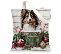 Christmas Shetland Sheepdog Dog Canvas Tote Bag for Shopping 13 * 15, Cute Xmas Wood Reusable Grocery Bag for Women, Pet Work Travel Pattern Gift Decor