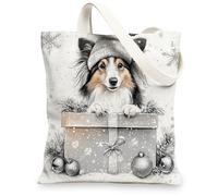Christmas Shetland Sheepdog Dog Canvas Tote Bag for Shopping 13 * 15, Luxury Xmas Gifts Reusable Grocery Shoulder Cloth Bag for Women, Pet Painting Gift Decor