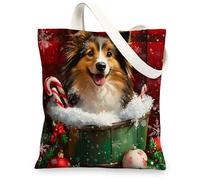 Christmas Shetland Sheepdog Dog Canvas Tote Bag for Shopping 13 * 15, Xmas Farmhouse Plaid Reusable Grocery Shoulder Cloth Bag for Women, Pet Painting Gift Decoration