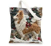 Christmas Shetland Sheepdog Dog Canvas Tote Bag for Shopping 13 * 15, Xmas Novelty Tree Reusable Grocery Shoulder Cloth Bag for Women, Pet Painting Gift Decor
