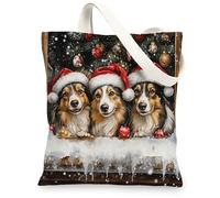 Christmas Shetland Sheepdog Dog Canvas Tote Bag for Shopping 13x15, Xmas Balls Window Puppy Reusable Grocery Print Pattern Bag for Women Men, Holiday Fun Aesthetic Painting Gift Decor