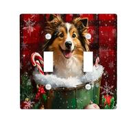 Christmas Shetland Sheepdog Dog Decorative Light Switch Cover Plate 2 Gang Double Toggle, Xmas Farmhouse Plaid Electrical Switchplate, Pet Faceplate for Kitchen Living Room Decor