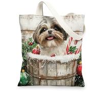 Christmas Shih Tzu Dog Canvas Tote Bag for Shopping 13 * 15, Cute Xmas Wood Reusable Grocery Bag for Women, Pet Work Travel Pattern Gift Decor