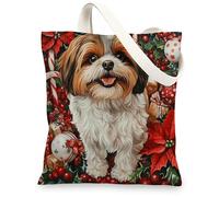 Christmas Shih Tzu Dog Canvas Tote Bag for Shopping 13x15, Xmas Candy Poinsettia Puppy Reusable Grocery Print Bag for Women Men, Holiday Pet Aesthetic Painting Gift Decor