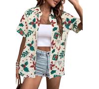 Christmas Shirt Women Hawaiian Button Down Shirts Vintage Christmas Graphic Short Sleeve Button Up Tops, Apricot, L