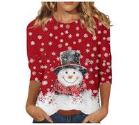Christmas Shirt Women's Funny Crew Neck 3/4 Sleeve Shirt Christmas Clothing Women's Basic T-Shirt Christmas Festive Top Ugly with Red Wine Glass Print Thermal Shirt on the Christmas Market