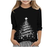 Christmas Shirts For Girl Kids 3/4 Length Sleeve Sparkly Xmas Tree Print Tee Tops Three Quarter Sleeve Holiday Tunic Blouse Festival Holiday Party Clothing Black 9 Years