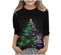 Christmas Shirts For Girl Kids 3/4 Length Sleeve Sparkly Xmas Tree Print Tee Tops Three Quarter Sleeve Holiday Tunic Blouse Festival Holiday Party Clothing Green 11 Years