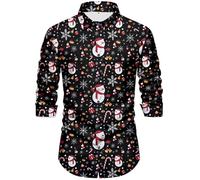 Christmas Shirts for Men Ugly Funny Long Sleeve Button Down Shirt Snowman Elf Santa Claus Reindeer Hawaiian Print Costuem Holiday Party (Black, 3XL)