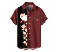 Christmas Shirts for Men UK Snowman Print Short Sleeve Casual Button Down Fun Shirts Loose Tshirts Hawaiian Beach Collar Shirt for Holiday Festive Party Santa Tops Funny Ugly Xmas Burgundy