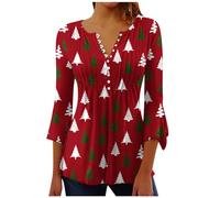 Christmas Shirts for Women Clearance Womens Tops V-Neck Button 3/4 Sleeve Shirt Funny Graphic Xmas Jumpers Pleated T Shirts Tunic Blouse Holiday Sweatshirts Going Out Tops