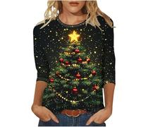 Christmas Shirts for Women Glitter Xmas 3/4 Sleeve Tops Crewneck Fall Casual TShirt Loose Comfy Pullover Blouse Christmas Sweatshirts Jumpers Tunic Xmas Tree Print Top Cotton Tshirt