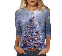 Christmas Shirts for Women UK 2024 Fashion Sparkling Xmas Tree Red Wine Glass Print Tunic Tops Casual 3/4 Sleeve Crewneck Jumper Blouse Ladies Lightweight Going Out Sweatshirt