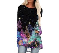 Christmas Shirts for Women UK Fashion Sparkly Xmas Tree Longline Blouse Novelty Long Sleeve Christmas Jumpers Xmas Comfy Tops Plus Size Loose Fitted Round Neck Pullover Basic