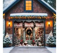 Christmas Shop Garage Door Cover Decorations 7x8ft Christmas Santa's Workshop Photography Backdrop Xmas Trees Gifts Background for New Year Family Holiday Party Holiday Outdoor Wall Decor