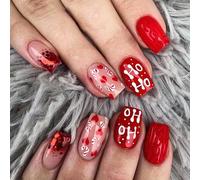 Christmas Short Fake Nails - Square Press on Nails Red with Love Design - 24Pcs Short Square False Nails with Glue - Reusable Acrylic Stick on Nails for Women Girls Nail Art Accessories