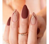 Christmas Short Press On Nails Almond, 24PCS Acrylic Red False Nails & Short Nails Press-On with Red & Gold Line Design, Reusable Burgundy Fake Nails Manicure Kits for New Year Christmas Nail DIY