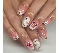 Christmas Short Square Press on Nails, 24pc 12 Sizes French Tip False Nails Press Ons Glossy Burgundy Fake Nails with Cute Holly Fruit Bowknot Design, Reusable False Nails Almond for New Year Manicure