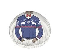 Christmas Shower Cap,Funny Moose Dressed Up In Jacquard Pullover With Red Glasses Waterproof Double Layer Bath Caps Perfect For All Hair Lengths And Thicknesses